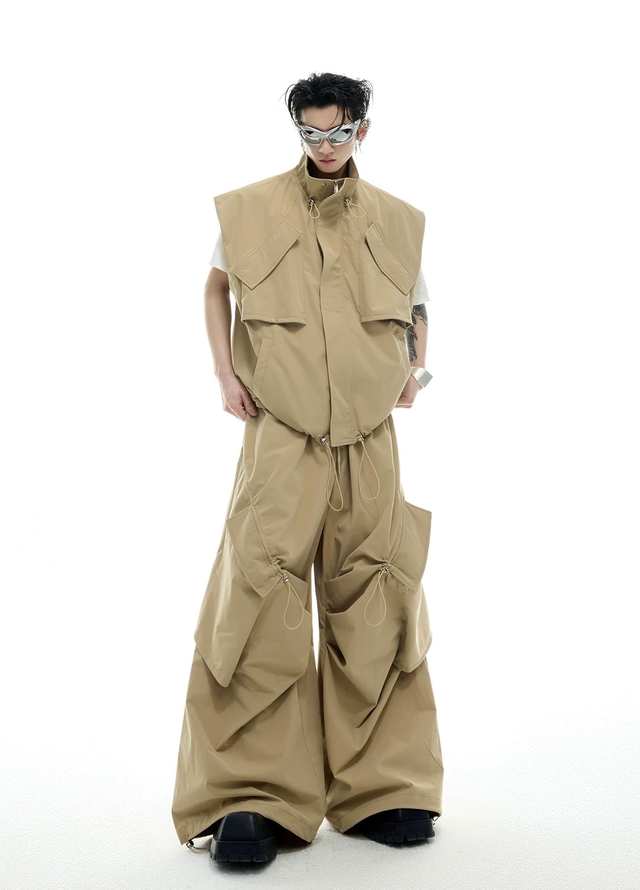 Irregular drawstring multi pocket work style setup vest
