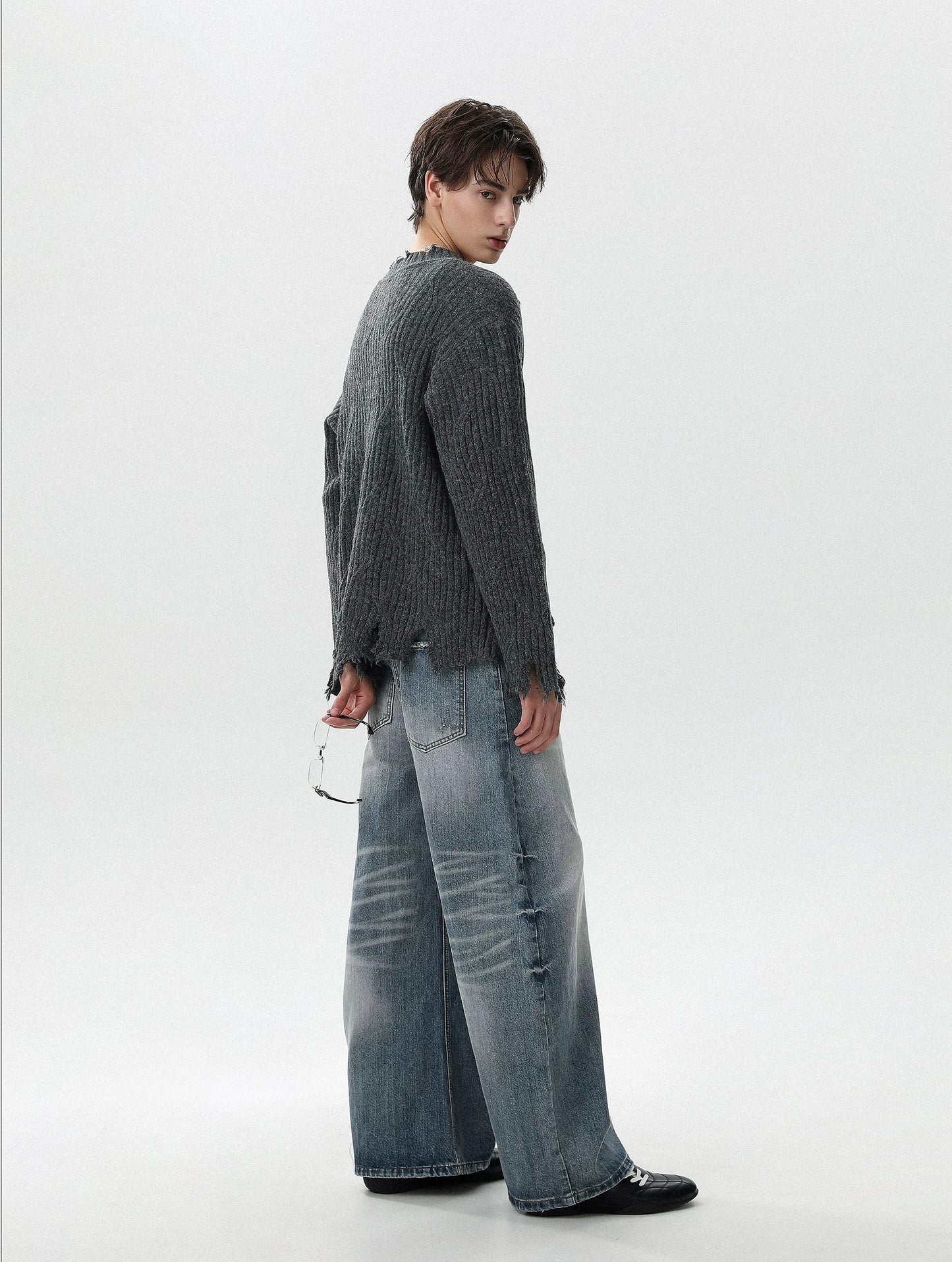 Ruined texture nocturne distressed henley knit