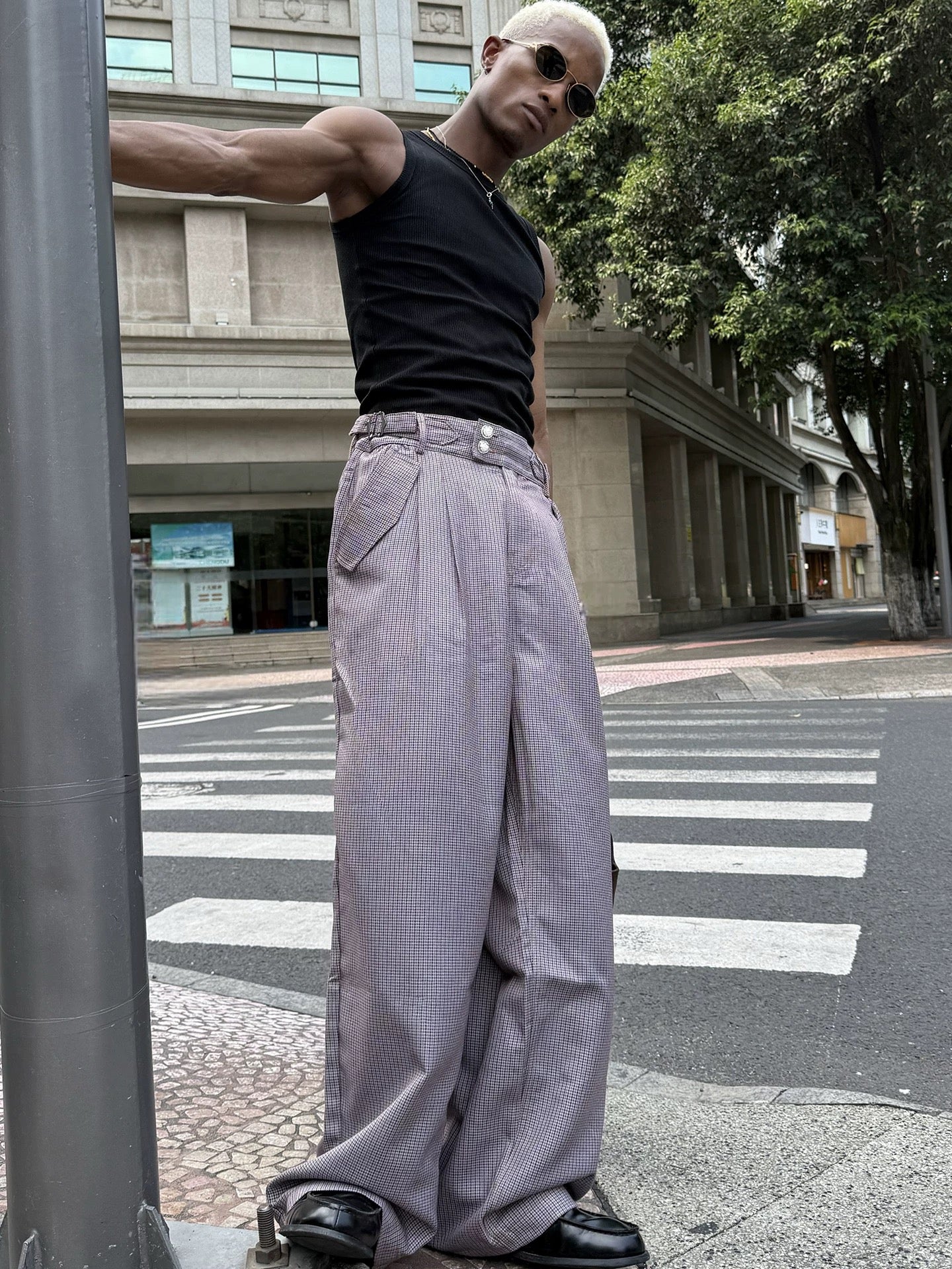 Houndstooth check 3D cut baggy western pants