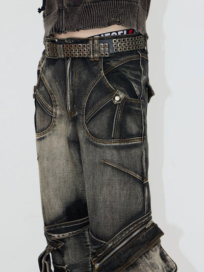 Spiny structure thorn zippered pockets denim pants