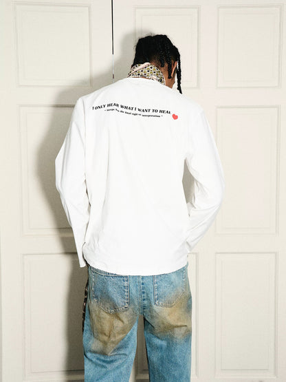 Slogan text solid color loose long sleeve t-shirt