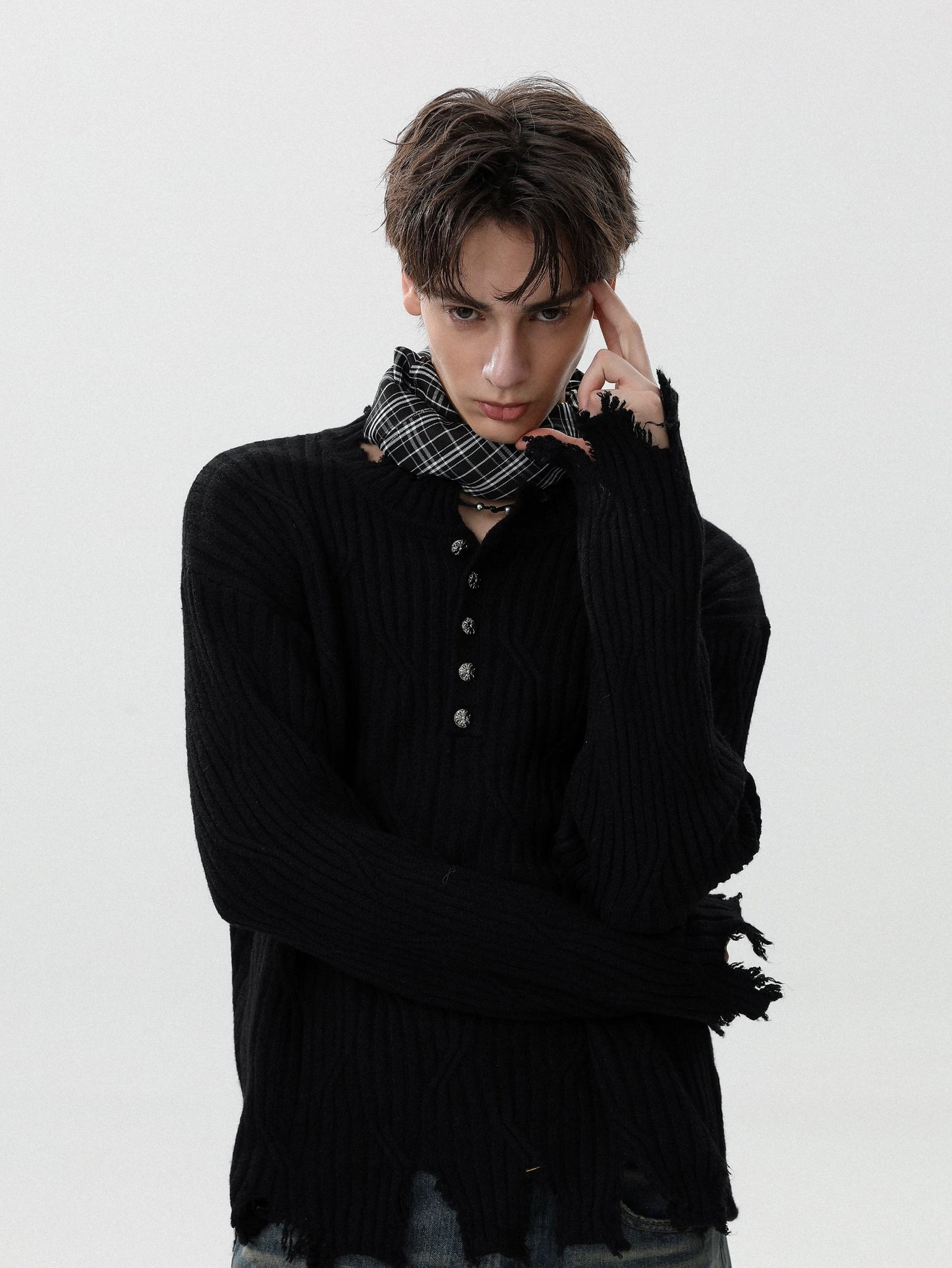 Ruined texture nocturne distressed henley knit