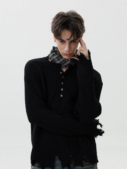 Ruined texture nocturne distressed henley knit