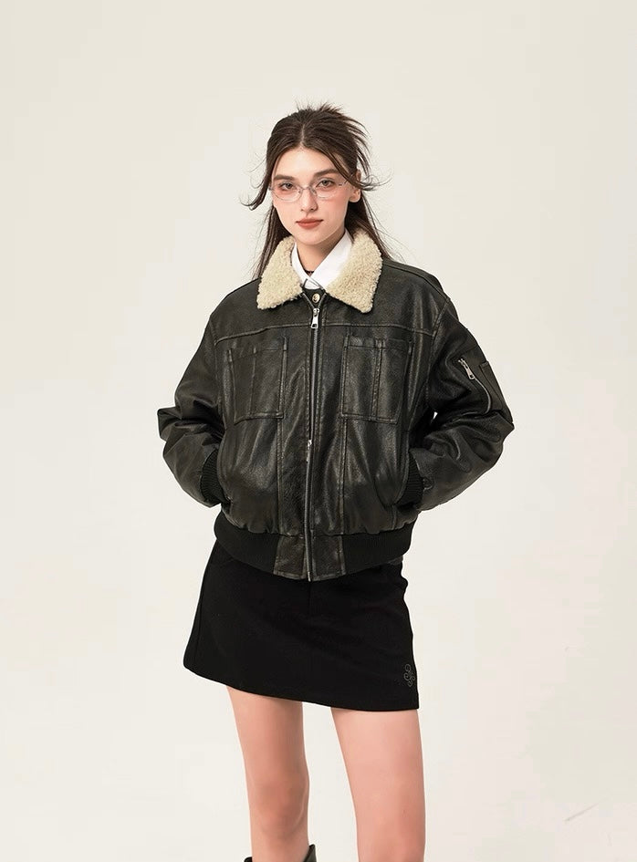 Aviator seoul dark mode shearling leather jacket