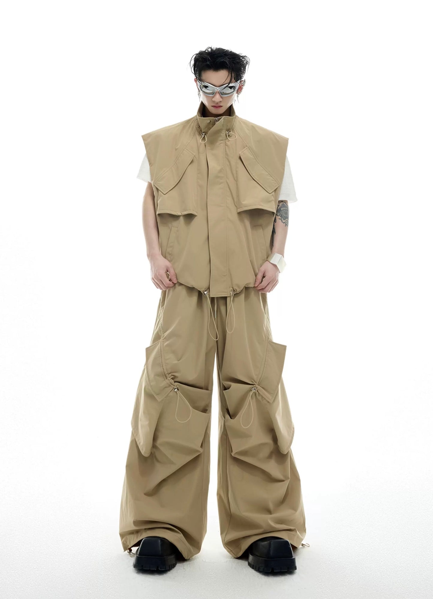 Irregular drawstring multi pocket work style setup vest