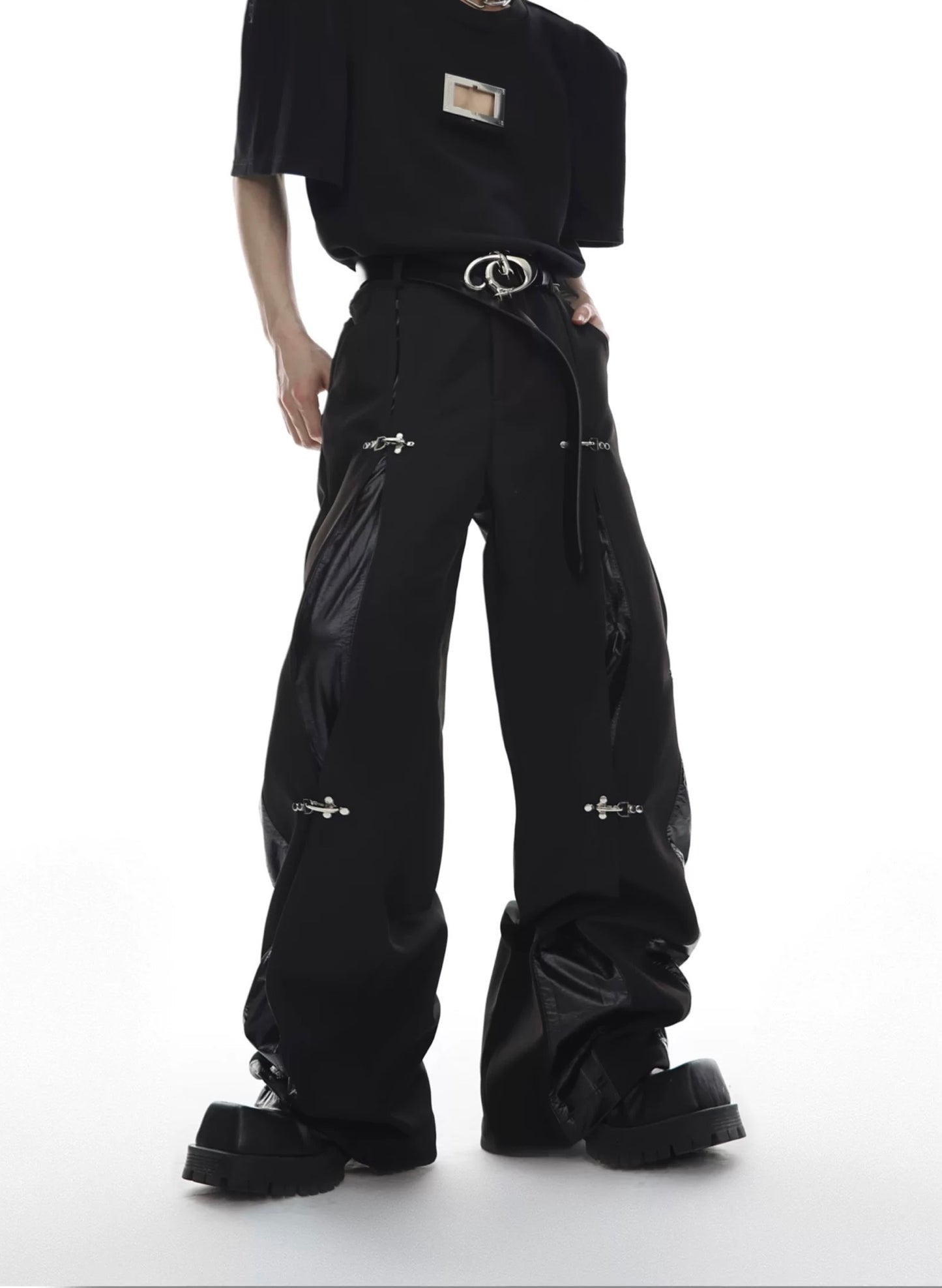 Leather stitching metal button down pants