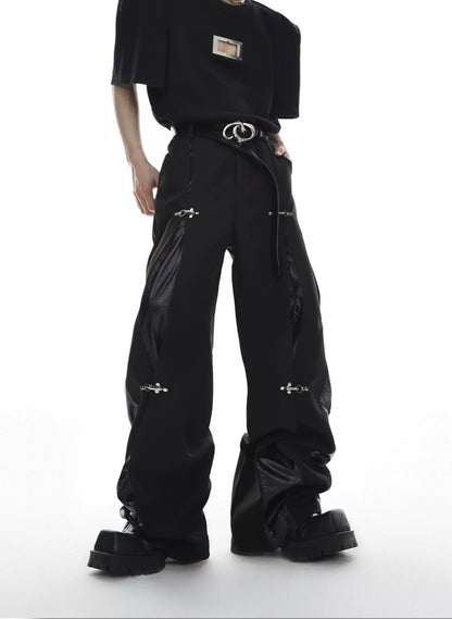 Leather stitching metal button down pants