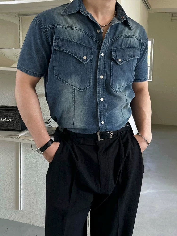 Urban vintage washed denim short sleeve shirt