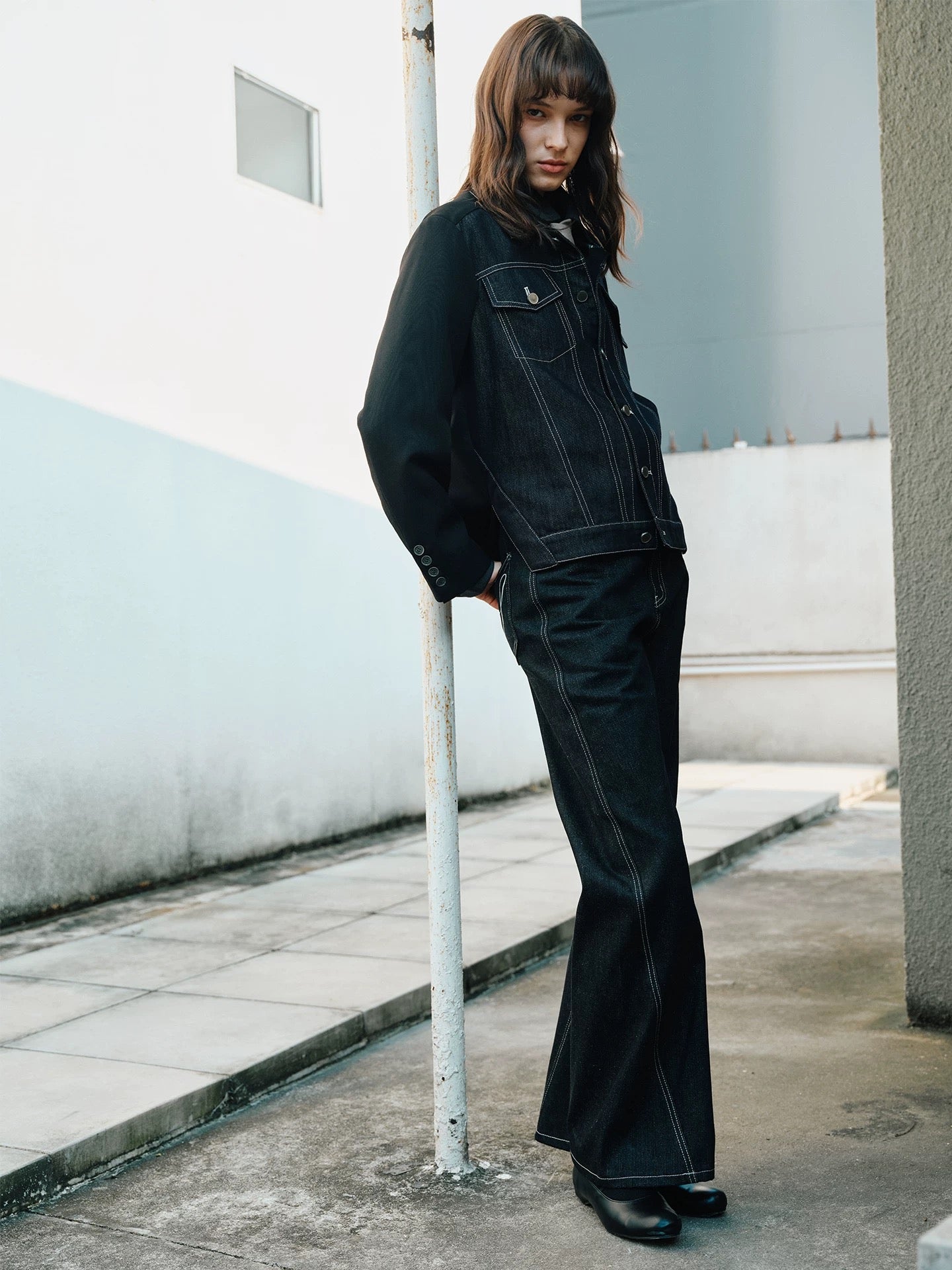 Silent shadows geometry refined denim jacket