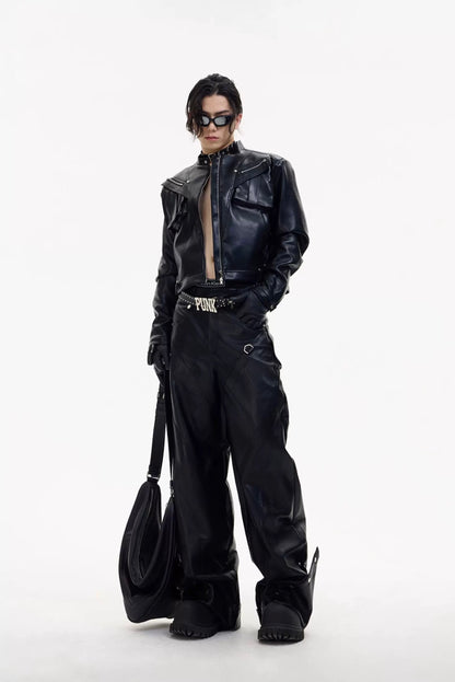 Metal zipper short motorcycle classic leather jacket