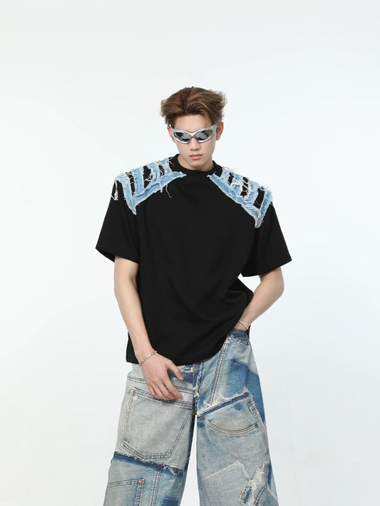 Fabric patched shoulder round neck t-shirt