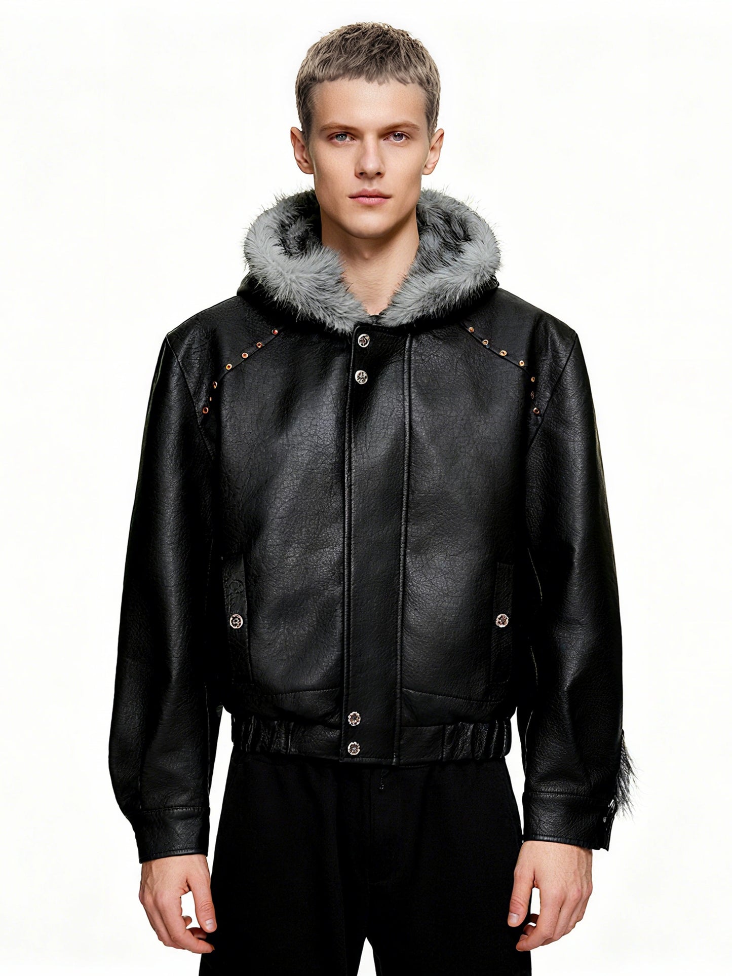 Jet black faux leather down jacket