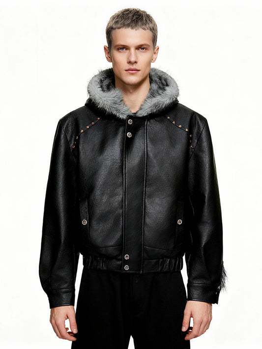 Jet black faux leather down jacket