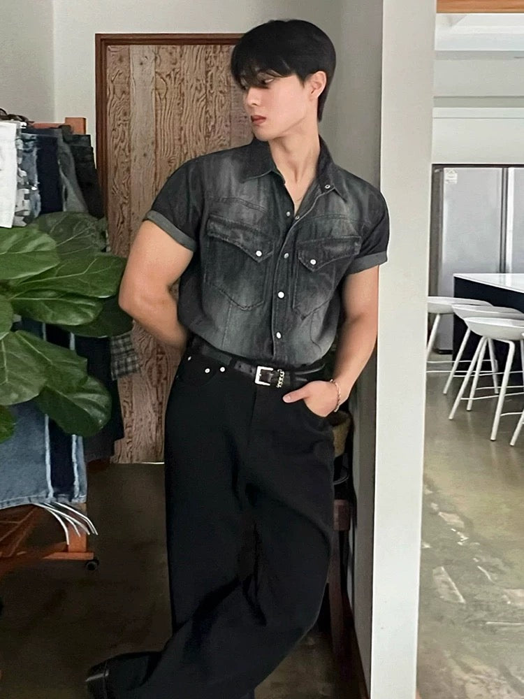 Urban vintage washed denim short sleeve shirt