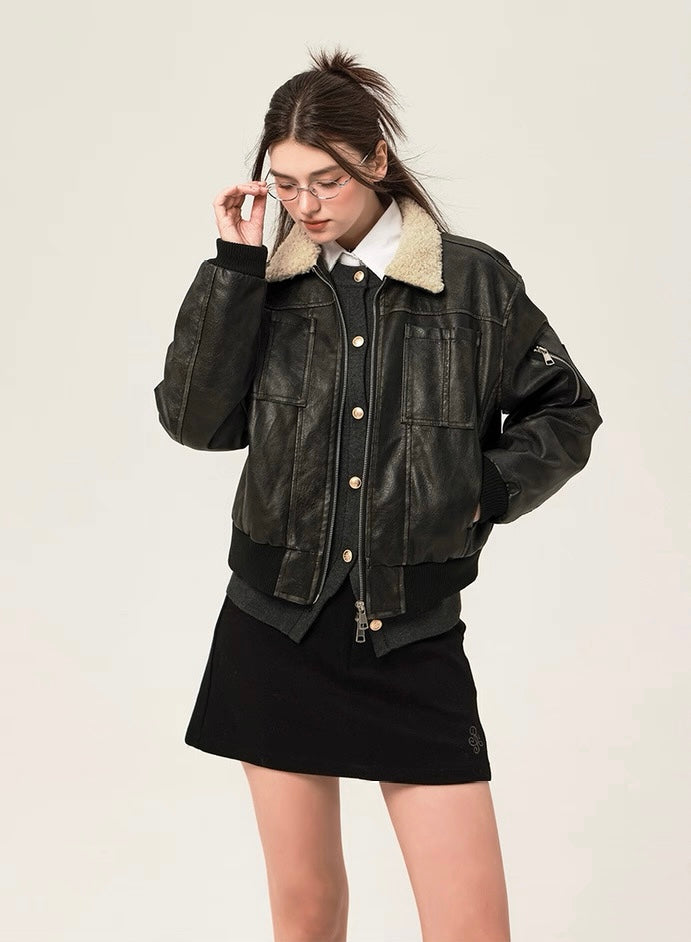 Aviator seoul dark mode shearling leather jacket