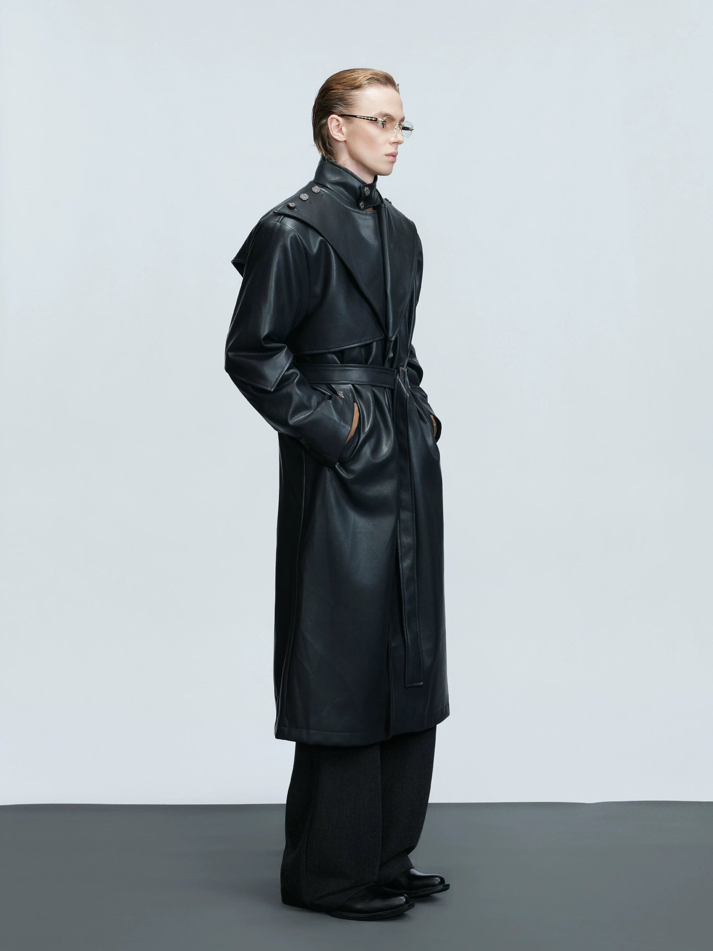 Cyber structured armored high stand collar leather coat