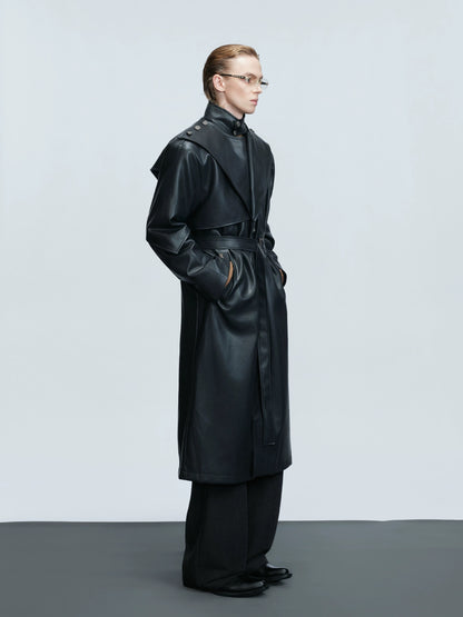 Cyber structured armored high stand collar leather coat