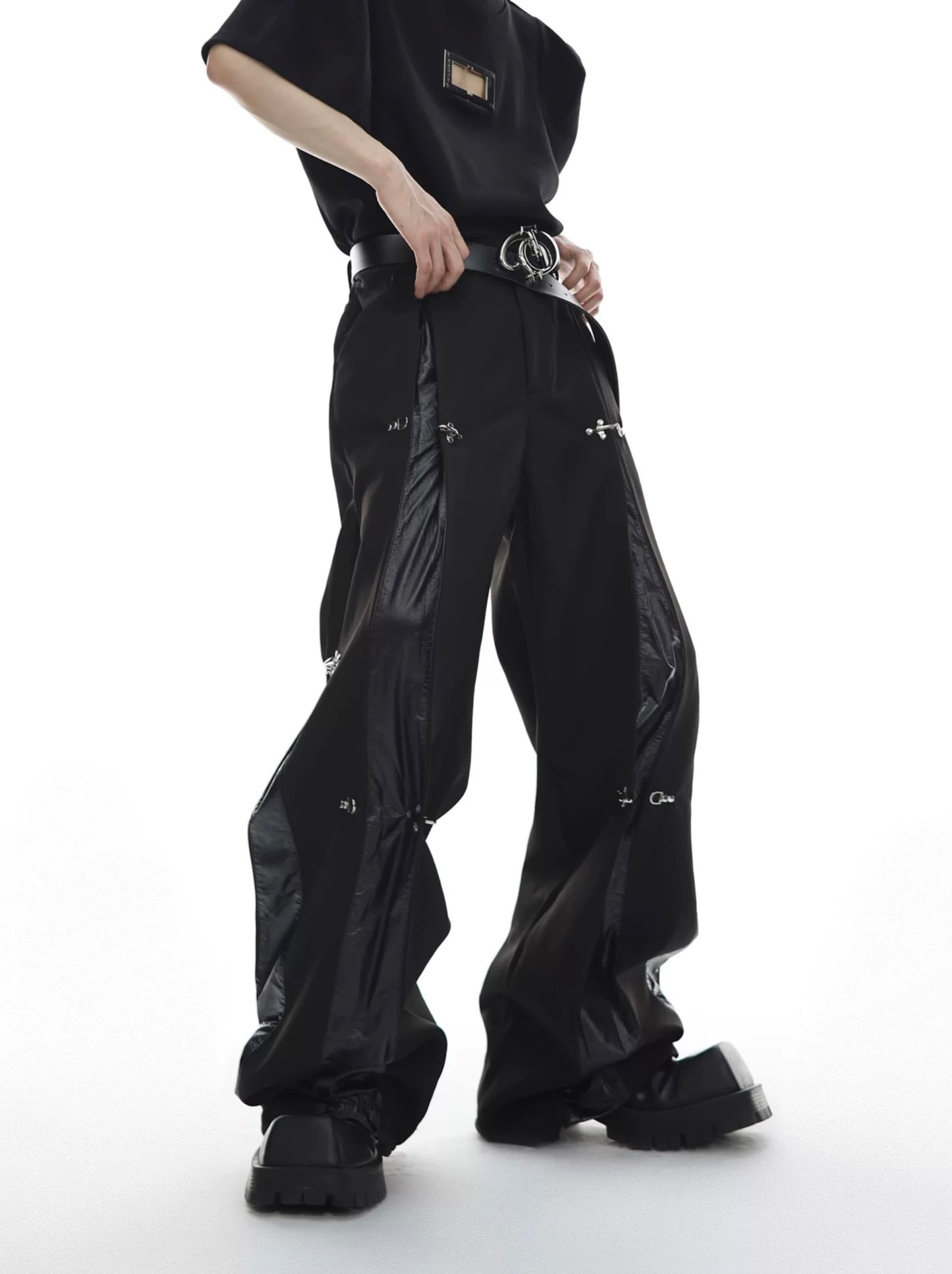 Leather stitching metal button down pants