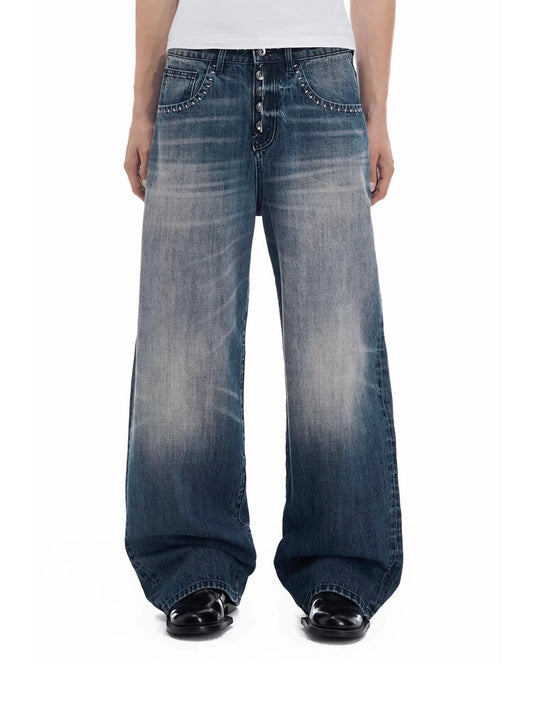 Paddington scale gray blue dot embroidered denim pants