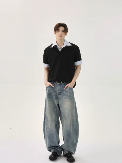 Stitching striped versatile polo shirt