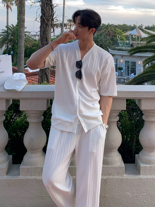 Luxury resort pleated set up short sleeve cardigan