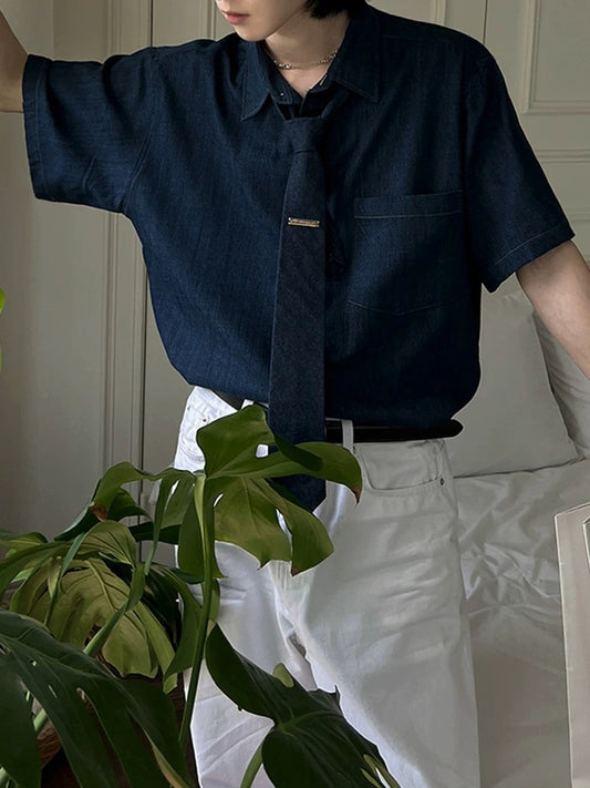 Modern Korean style denim tie short sleeve shirt