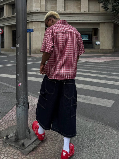 Red plaid boxy collar short sleeve shirt