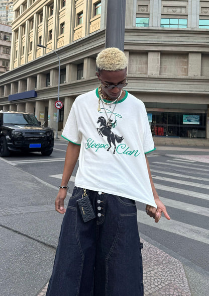 Horse rider embroidery green silhouette t-shirt