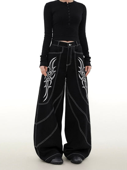 Street embroidered wide denim pants