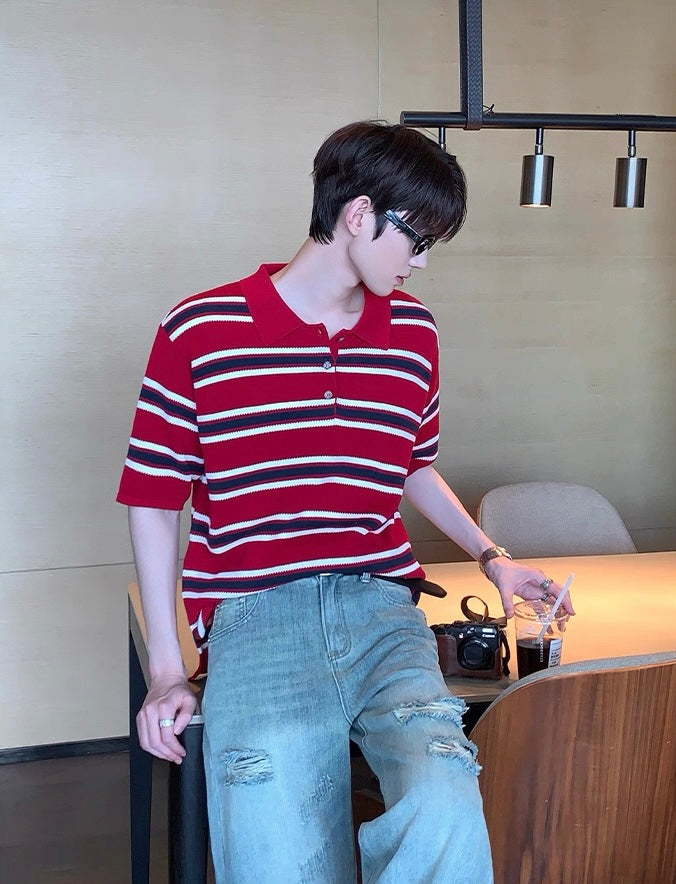 Iconic Korean street red striped polo shirt