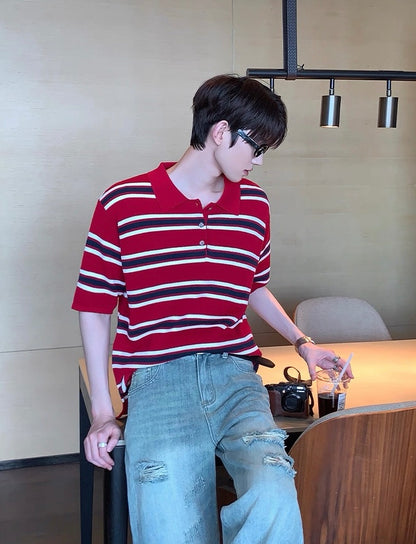 Iconic Korean street red striped polo shirt
