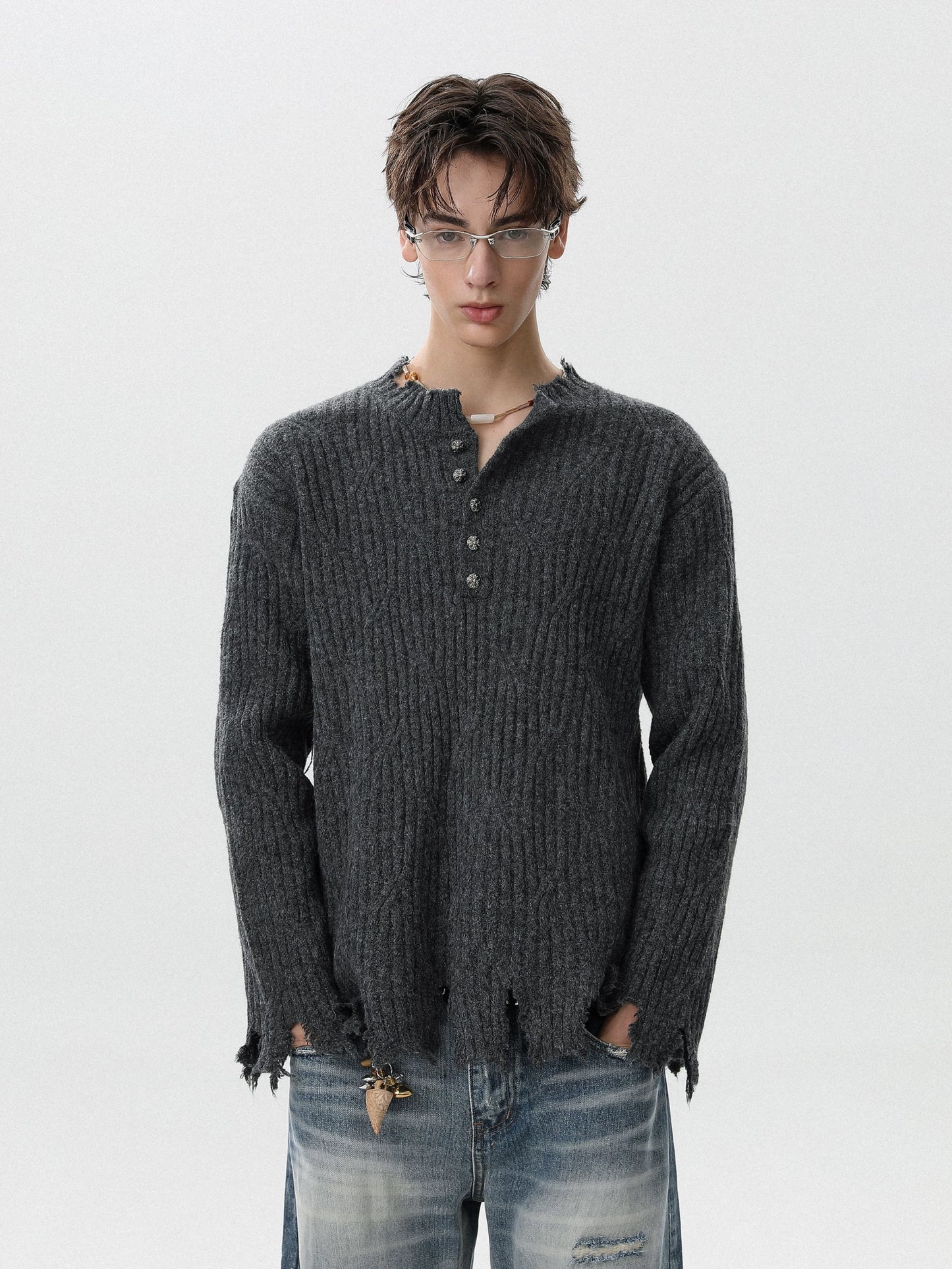 Ruined texture nocturne distressed henley knit