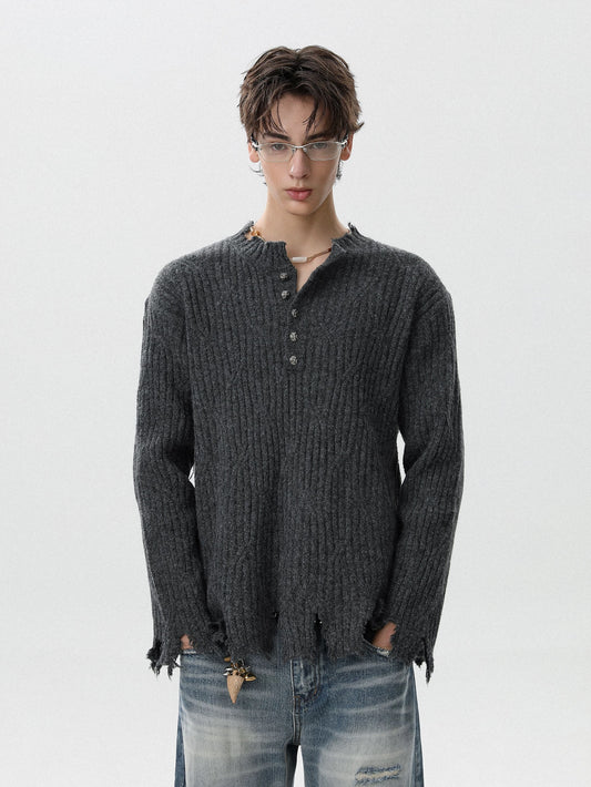 Ruined texture nocturne distressed henley knit